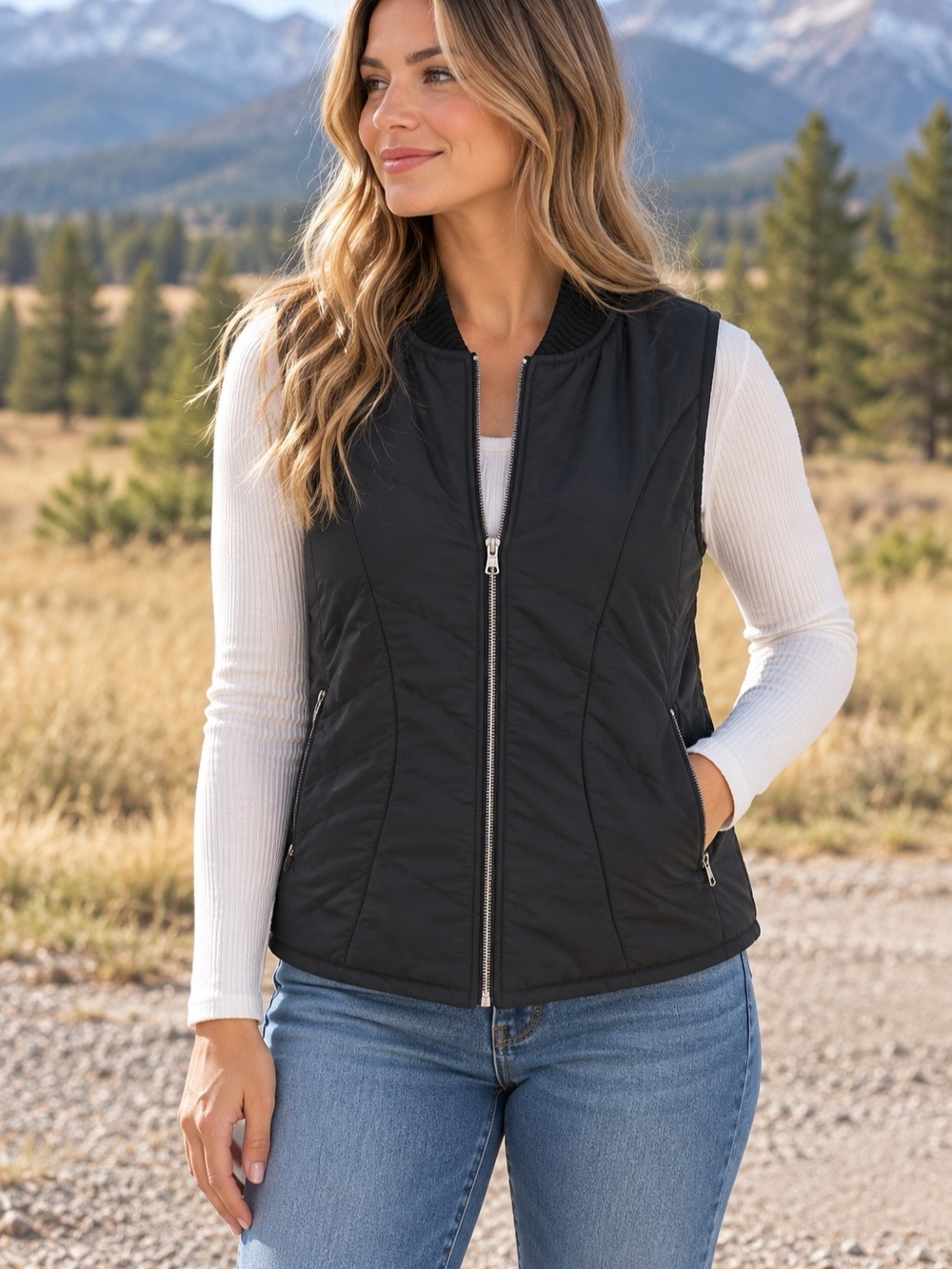 Bogner Women's Black Quilted Front Knit Back Vest Size Medium